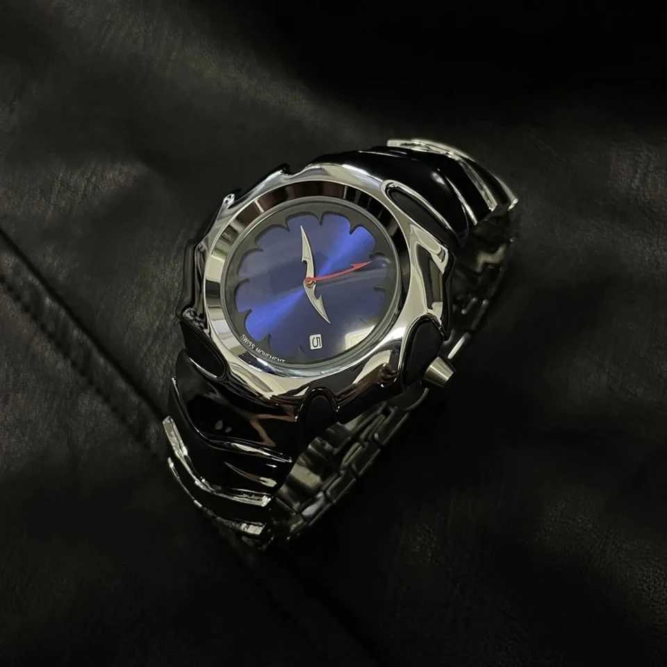 Mens Y2K unique blade fashionable stainless steel black blue luxury top-level simulated quartz waterproof dress watch Y250407