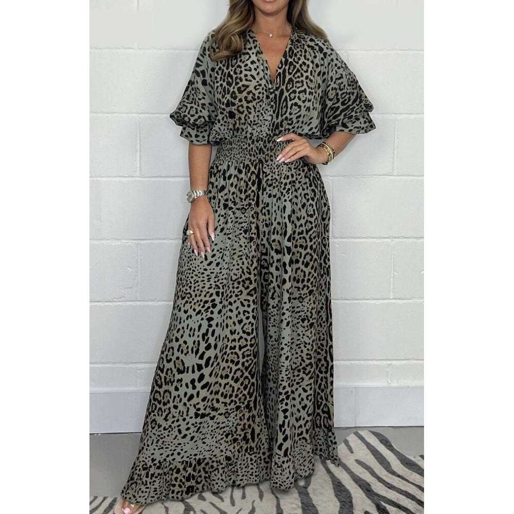 European American women's fashion leopard print casual wide leg jumpsuit 2025 new style chic and elegant clothing