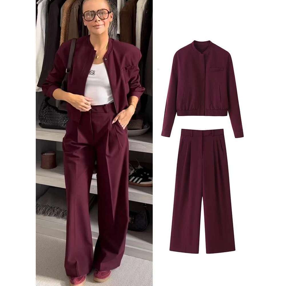 TFMLN 2025 Fashion Women Bomber Jacket Sets Spring Causal Zipper Solid Coats Full Sleeve Pleated Pant Streetwear Outfits