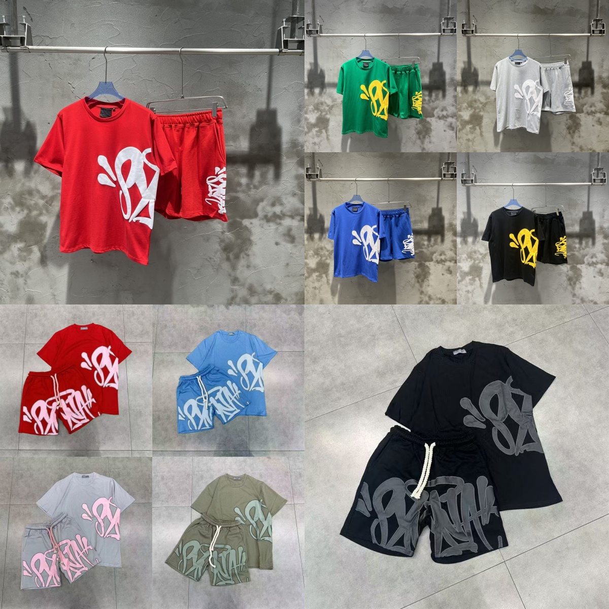 Synawords T-Shirts Shorts High Street Hip Hop Foam Letter Printed Polo Short Sleeve Shirt Shorts Suit Men Womens Fashion Casual Sports Tracksuit yhy