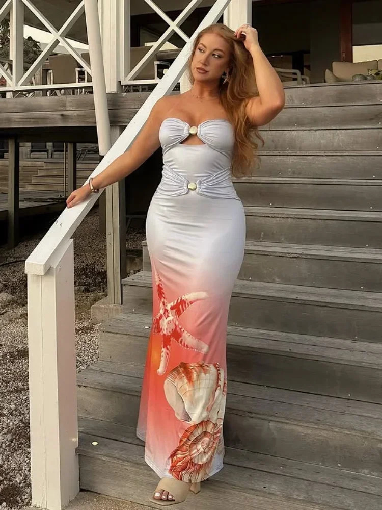Sexy Gradient Printed Hollow Out Slim Long Dresses Women Elegant Off Shoulder Backless Sleeveles Robes Chic Lady Party Gowns 250407