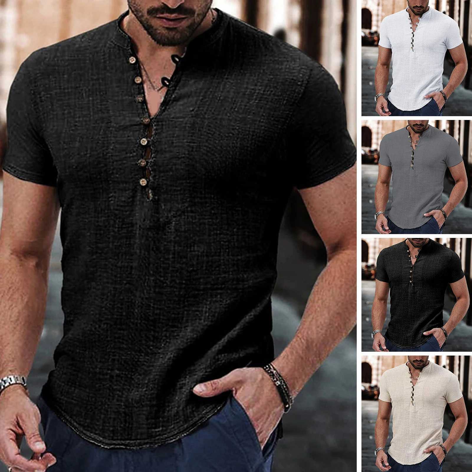 Summer new mens solid color short sleeved T-shirt cotton linen LED casual mens T-shirt mens breathable topXJ250407