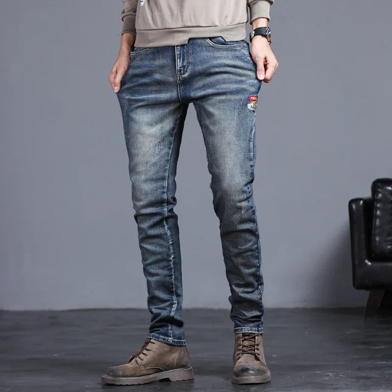 mens retro jeans Korean fashion ultrathin small feet embroidery streetwear 250401