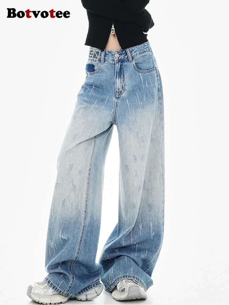 Botvotee Fashion Baggy High Waist Blue Womens Jeans Y2k Denim Pants Patch Work Clothing 250407