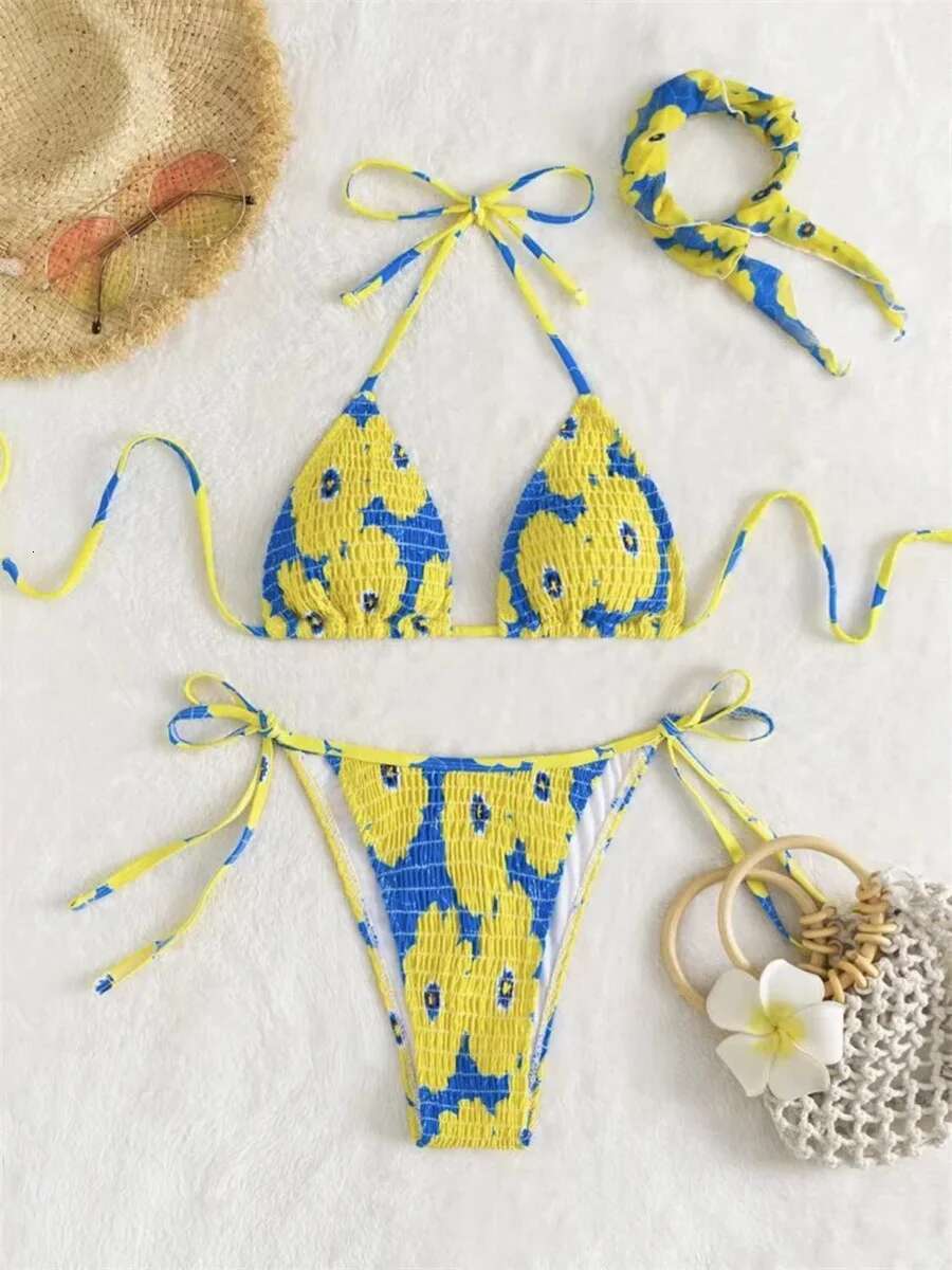 Dongdumaoyi Sexy Band Piece Bikini Set Women Orange Floral Print Pleate Push Up Micro Swimwear Bathing Suit Tie Side Thong Swimsuit