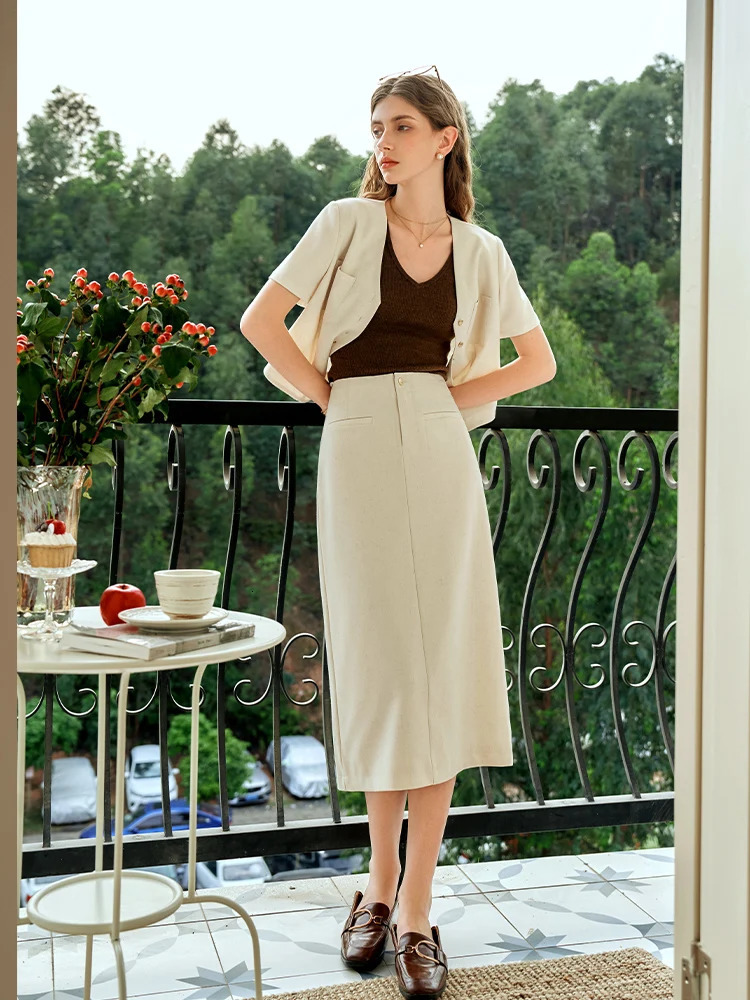 Olain Office Womens Tailored Jacket SpringSummer Oat Color Simple Vneck Splicing Button Pocket Coat O24XW91361 250407