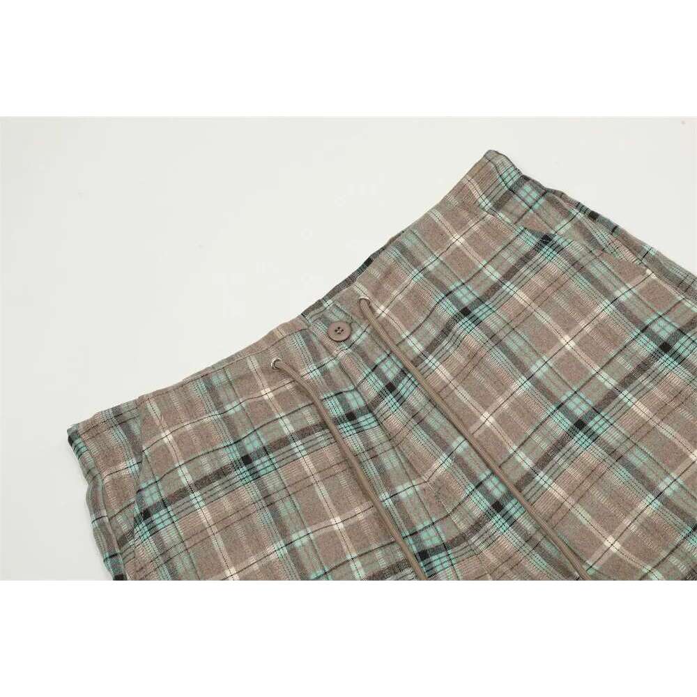 Pleated Plaid Cargo Pants Mens Pocket Hip Hop Streetwear Drawstring Elastic Waist Wide Leg Trousers Men