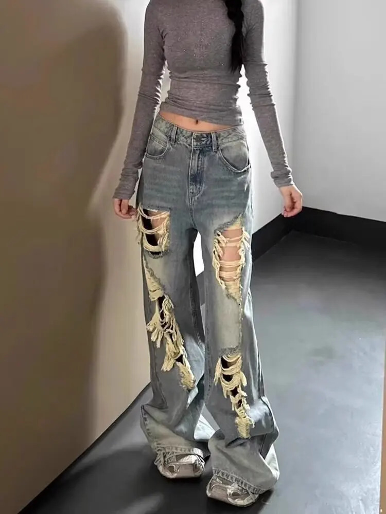 High Waist Wide Leg Straight Cut Denim Jeans for Women Loose Weight Loss Retro American SpringSummer Laundry 250407