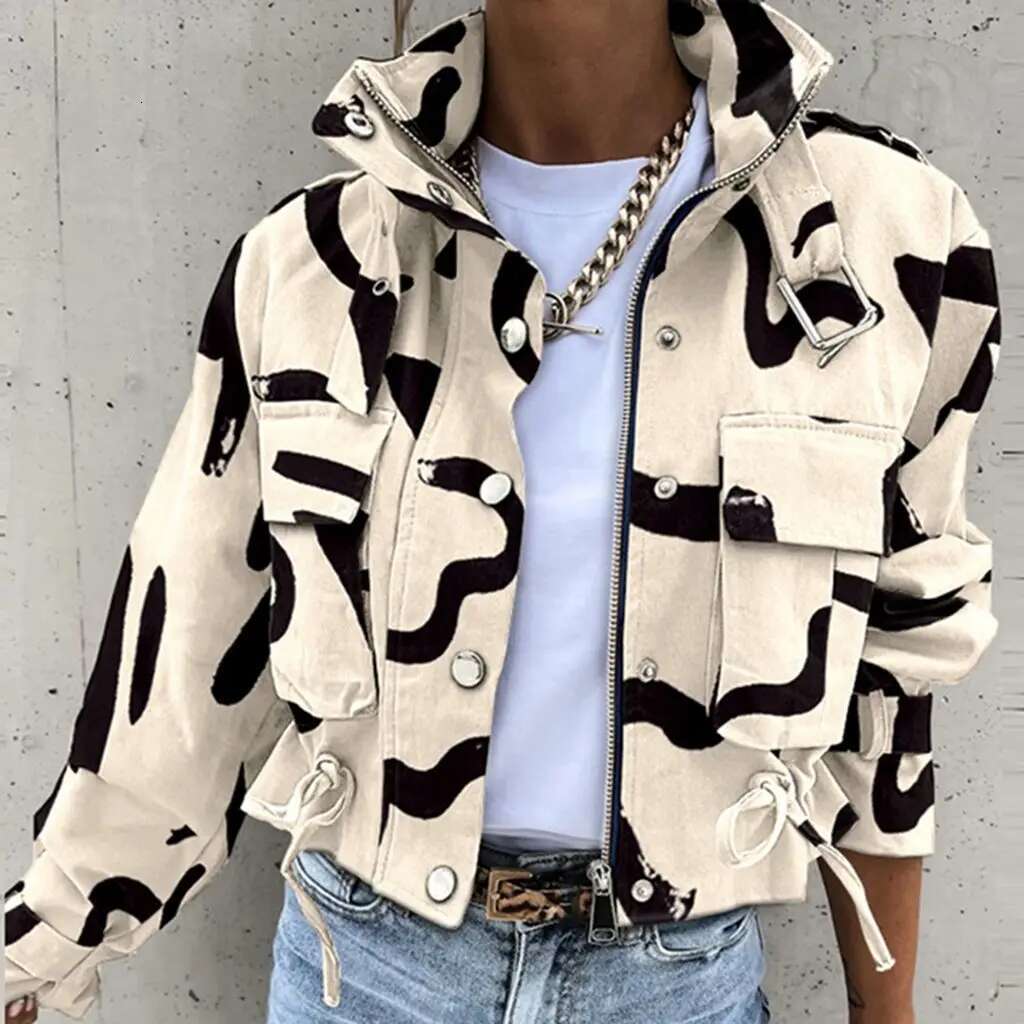 Women's New Fashionable Printed Short Casual Ladies' Autumn Rivet High Neck Long Sleeved Single Breasted Jacket