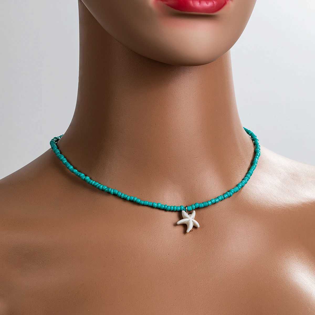Bohemian beach style turquoise starfish pendant bead on neck womens necklaceC250407