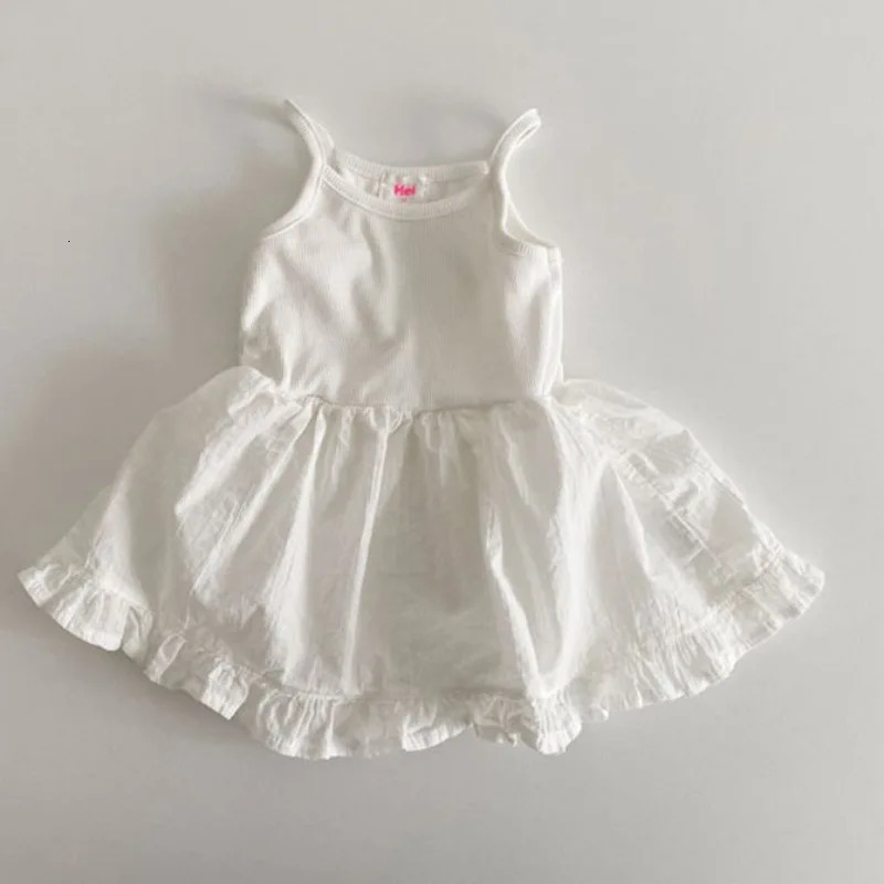 Korean Style Summer Cotton Dress Baby Girls Princess Ruffle Edge Dress White Sleeveless Camisole Kids Casual Suspender Skirts 250407