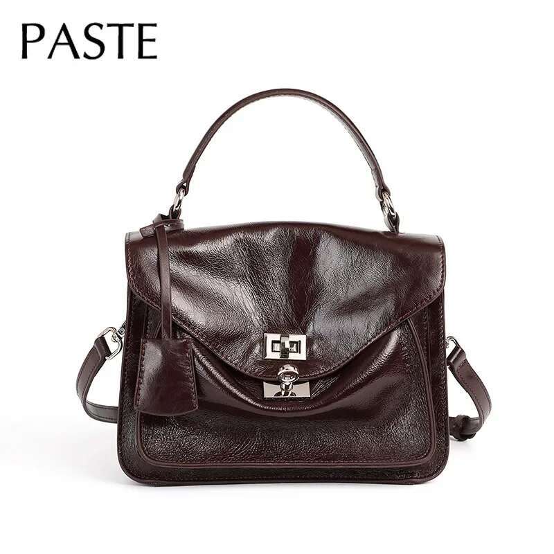 New Vintage England Style Small Sactchel Tote Wine Red Sier Color Glossy Oil Wax Cowhide Leather Women Messenger Bag