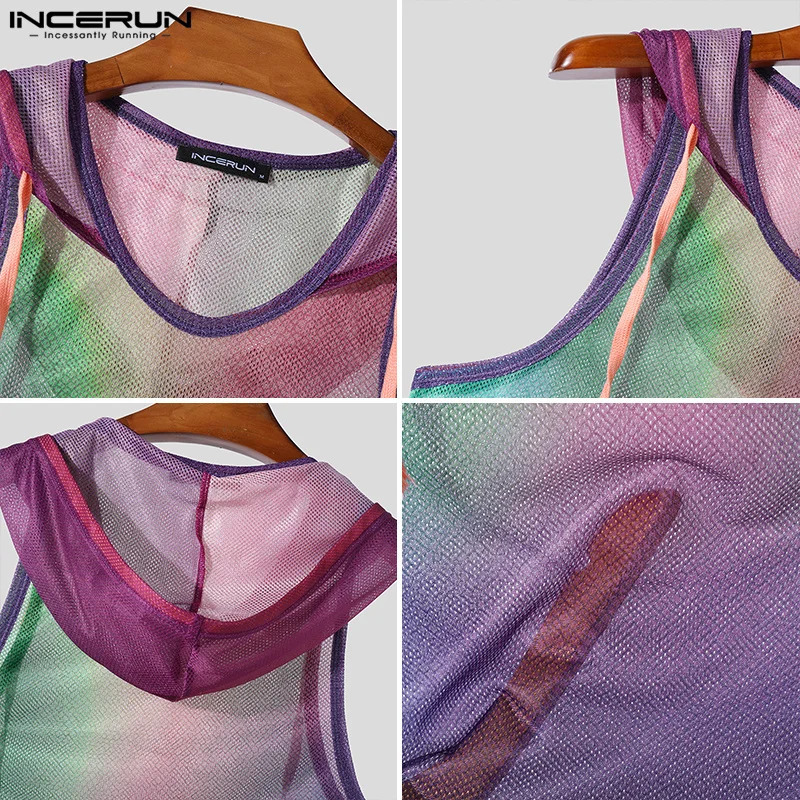 Fashion casual style top INCERUN sexy mens gradient hollow sleeveless hooded vest fashion mens thin vest S-5XL 250403