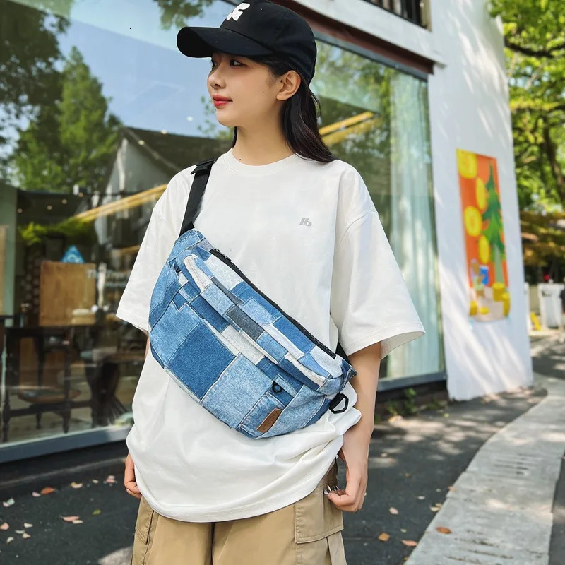 Hip Hop Plaid denim waist bag mens multifunctional waterproof retro luggage outdoor leisure sports cross body bag 250402