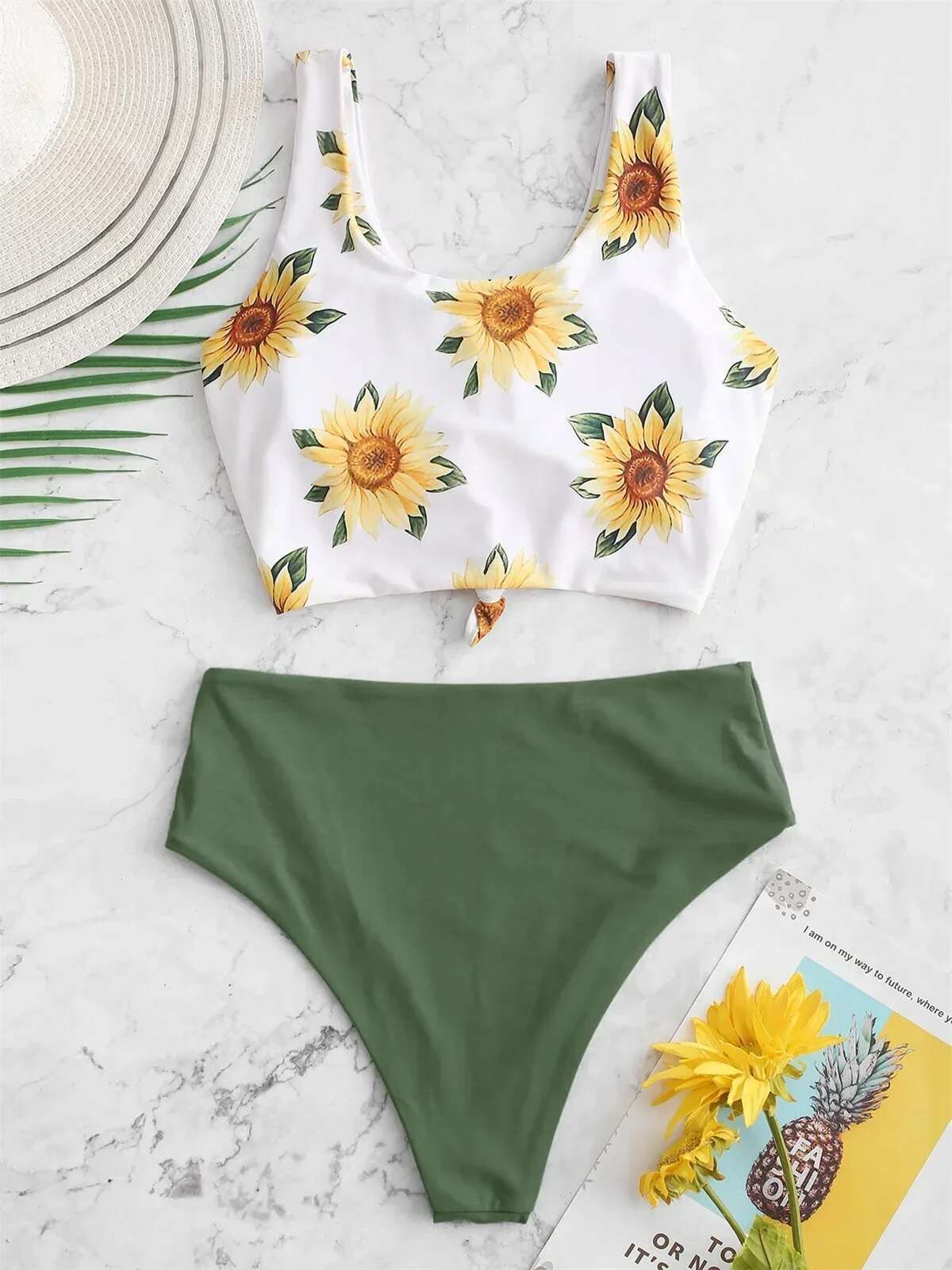 Dongdumaoyi Sexy Sunflower Print Bikini Set Push Up Crop Top Reversible Micro Swimwear Women Front Tie Bathing Suit High Waist Swimsuit