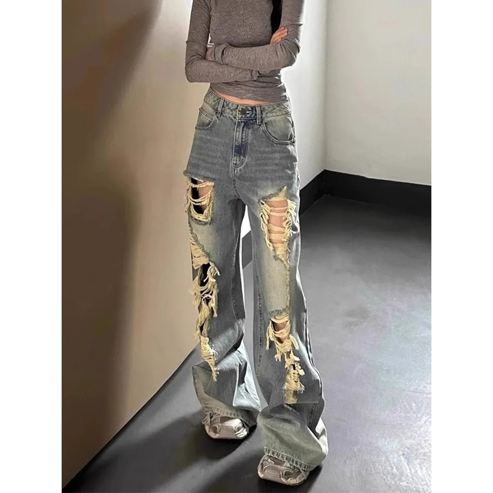 High Waist Wide Leg Straight Cut Denim Jeans for Women Loose Weight Loss Retro American SpringSummer Laundry 250407
