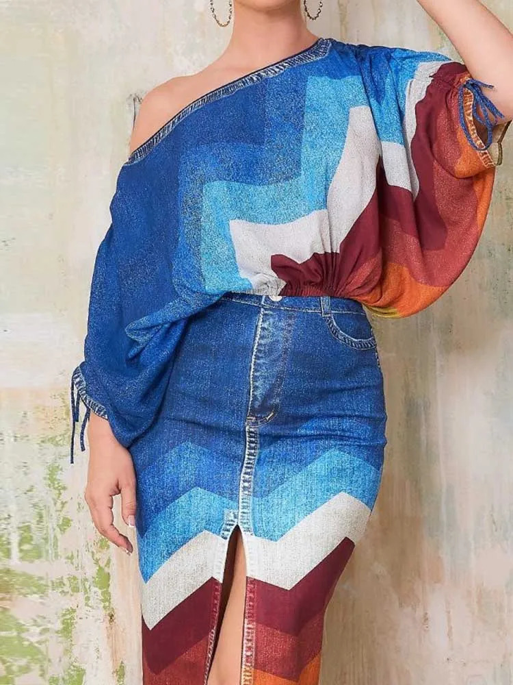 2 Piece Outfit Set Women Streetwear Summer Outfits with Skirts Denim Print Elegant Chic Open Split Skirt Long Sexy Female 250403