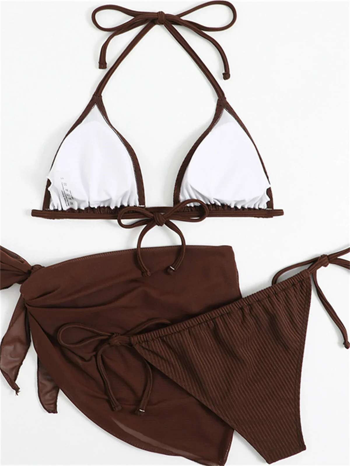 Dongdumaoyi Sexy Solid Brown Bikinis Set Women Ribbed Halter Push Up Mesh Skirt Swimsuit Mujer Brazilian Bathing Suit Cover Swimwear