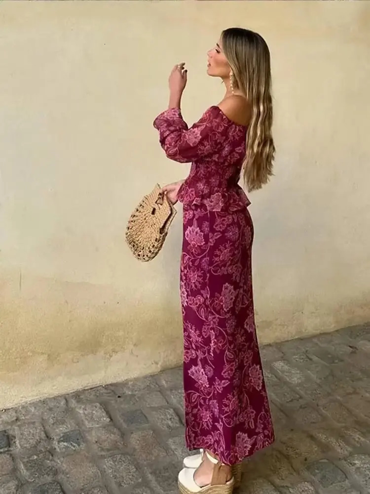 European and American style printed suit for women one-shoulder slim long-sleeved shirt with high-waisted straight slit ski 251104