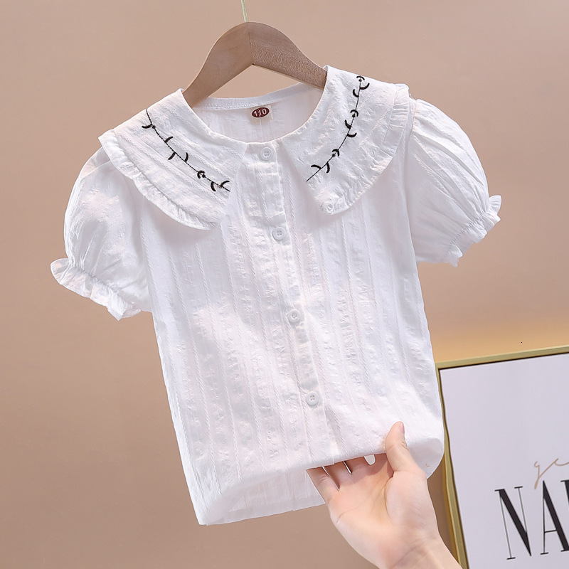 Ddmyshoesvip New Girls Short Sleeved Summer Korean Version Doll Collar Top With Trendy Bubble Sleeves Children S White Shirt