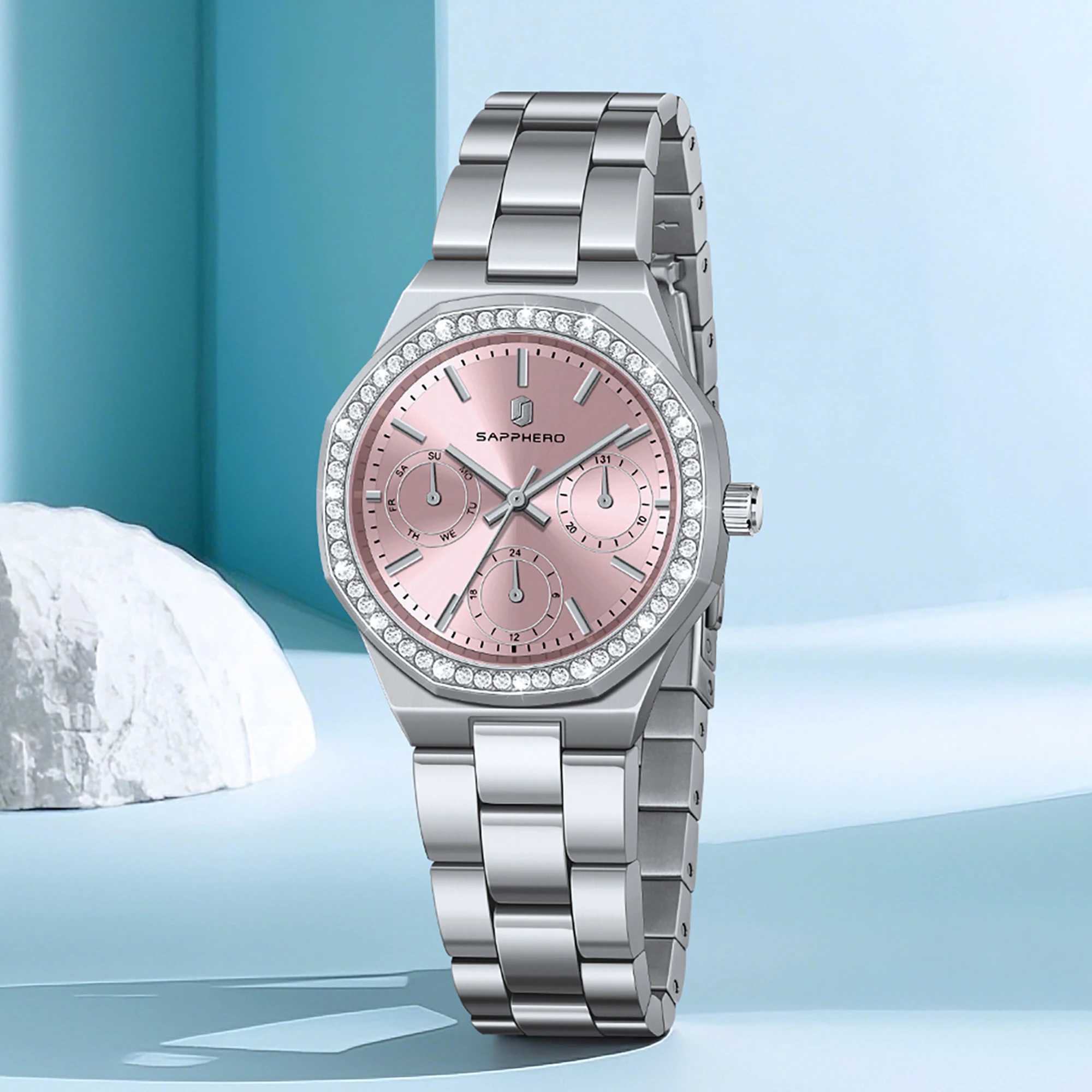SAPPHERO Luxury Womens Watch 5ATM Waterproof Japanese Movement Stainless Steel Strap Pink Dial Elegant Womens WatchT250408