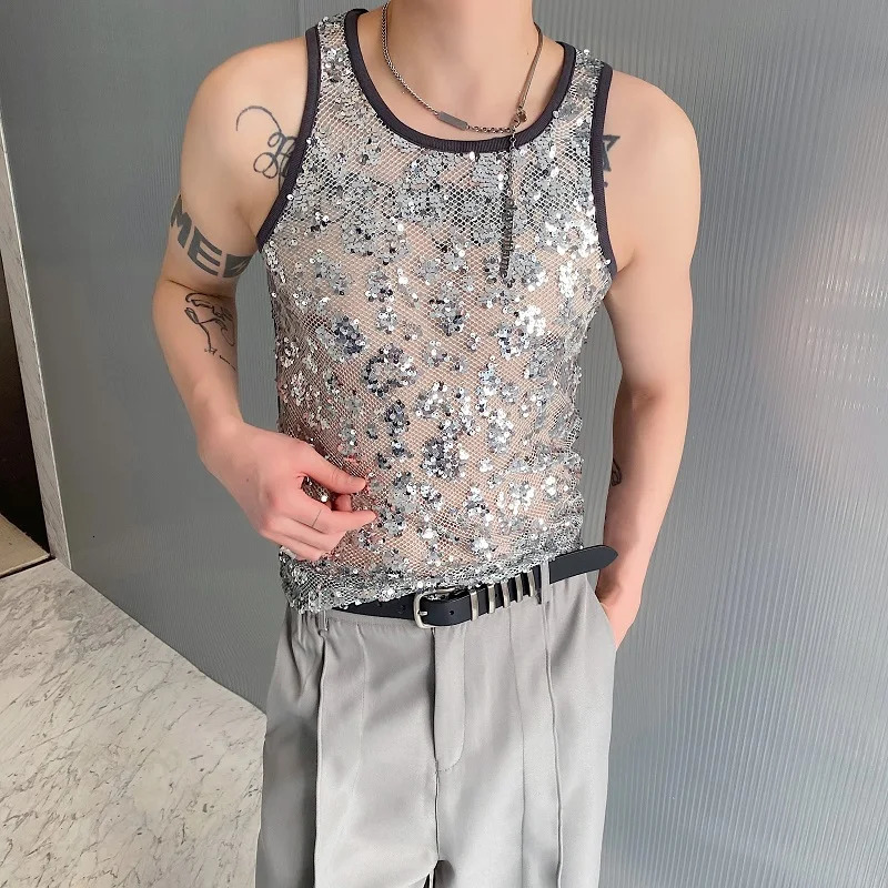 Fashionable mens sexy top with mesh sequins sparkling elastic tight fitting vest summer fashion nightclub stage tight fitting mens vest 250402