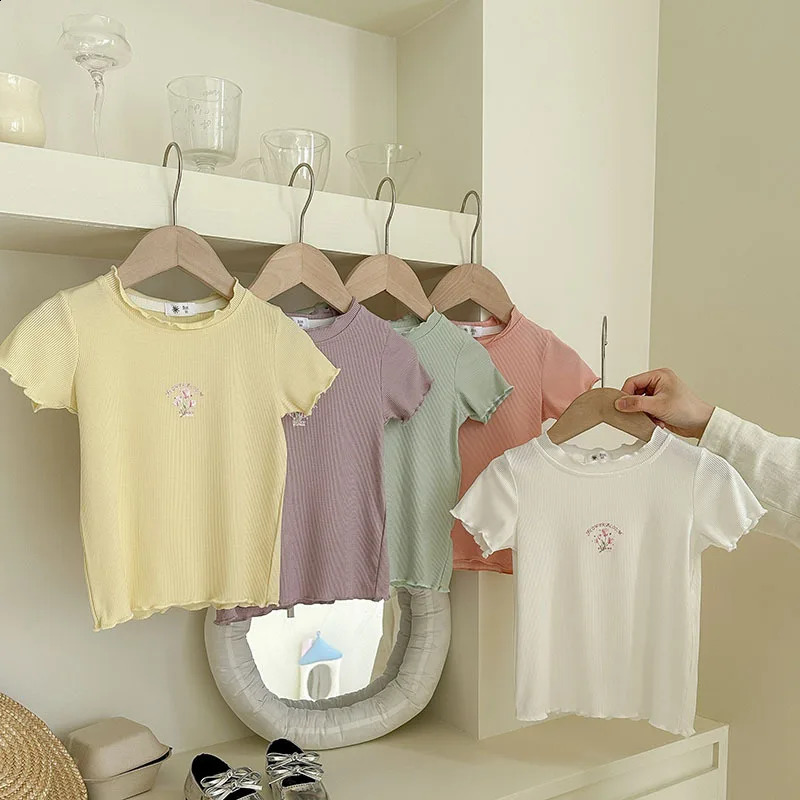 Summer Children Girls Ribbed Short Sleeve T-shirts Cotton Printed Sweet Kids Girls Tops Soft Thin Infant Babys Girls Tees 2-8Yrs 250408