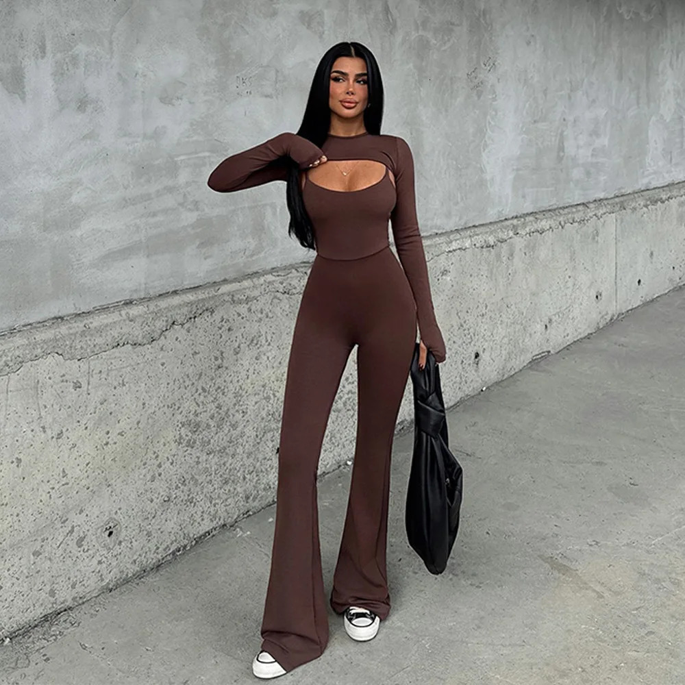 Womens slim fit shoulder strap jumpsuit fashionable and casual Oneck long sleeved solid color fitness sports Y2K 250407