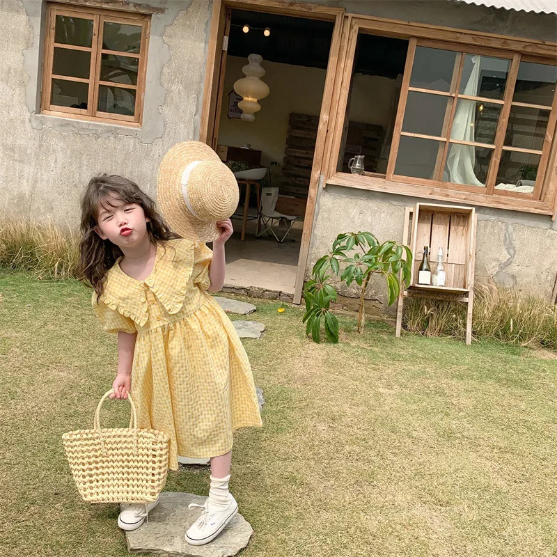 Mother Daughter Matching Dresses Summer Family Matching Clothes Cute Yellow Plaid Dress Mommy and Me Dress Short Sleeve Outfits 250407