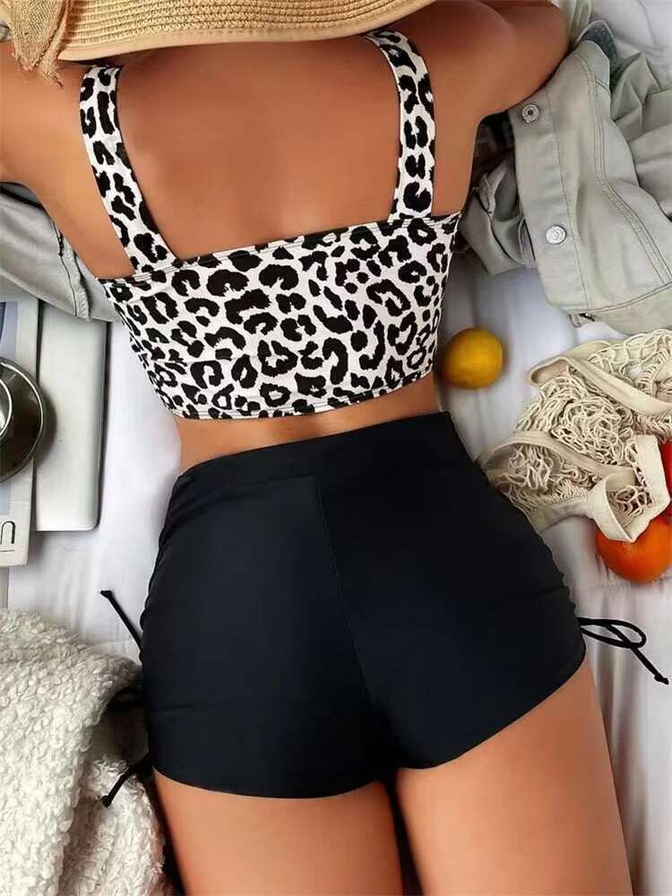 Dongdumaoyi Vintage Black Leopard Print Bikini Set Women Drawstring Side High Waist Panties Swimsuit Bathing Suit Swimwear Beachwear