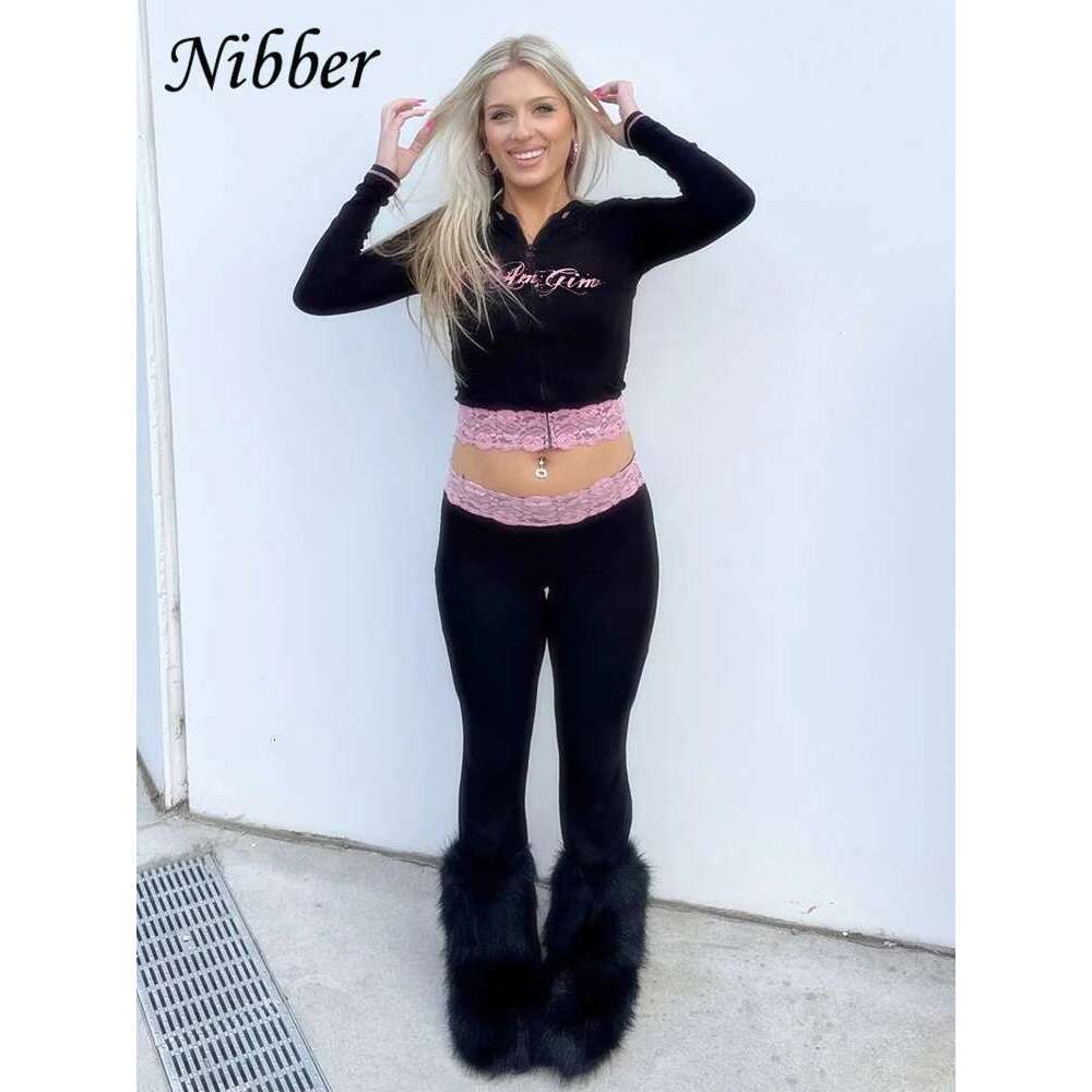 Nibber Lace Patchwork Woman 2 Piece Set Hooded Zip Crop Jacket+Patchwork Flare Pants Streetwear Casual Matching Outfits