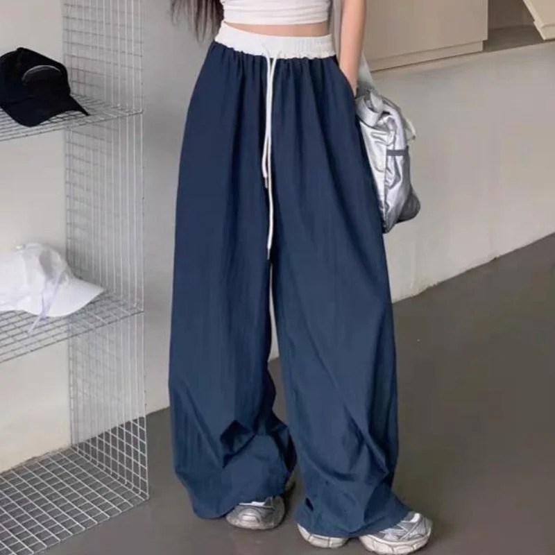 Fashionable matching loose womens wide leg pants elastic waist drawstring patch work straight casual streetwear sportswear 250407