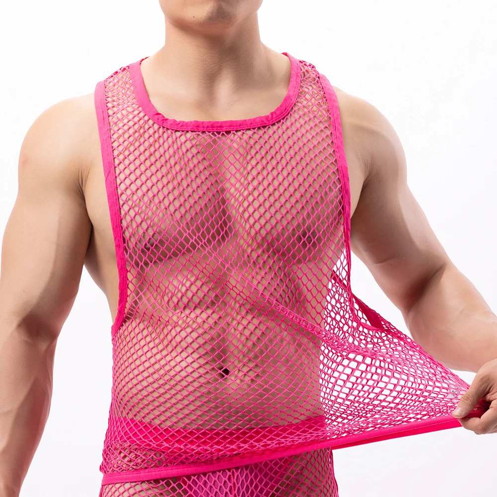 Mens mesh vest transparent Eotic clothing fish net hollow single sleeve vest transparent ultra-thin fitness shirt 250403
