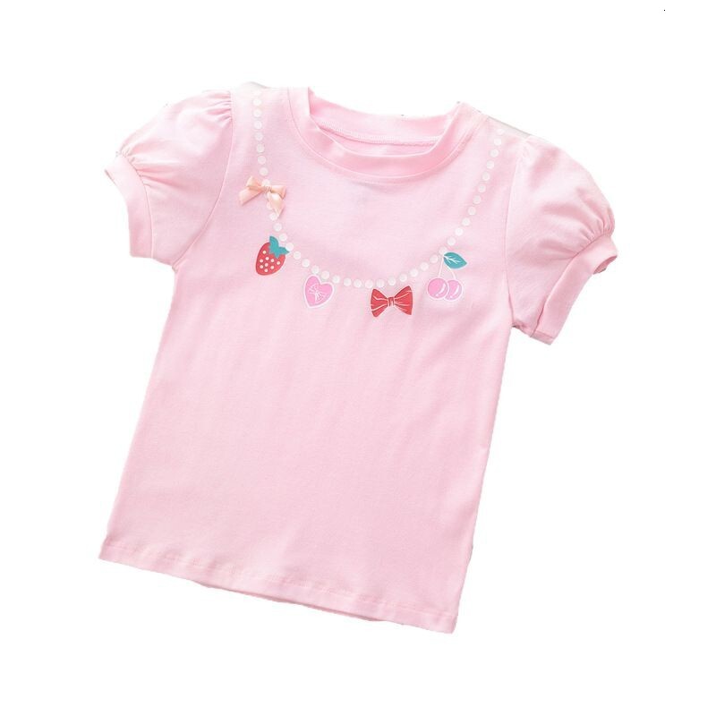 Ddmyshoesvip Cotton T Shirt Strawberry Bow Casual Soft Mist Powder Round Neck Printed Short Sleeved Children S Clothing