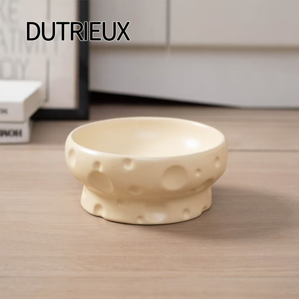 H1354 Ceramic pet bowl with neck support and tipping prevention, large diameter flat mouth cat and dog food and water bowl