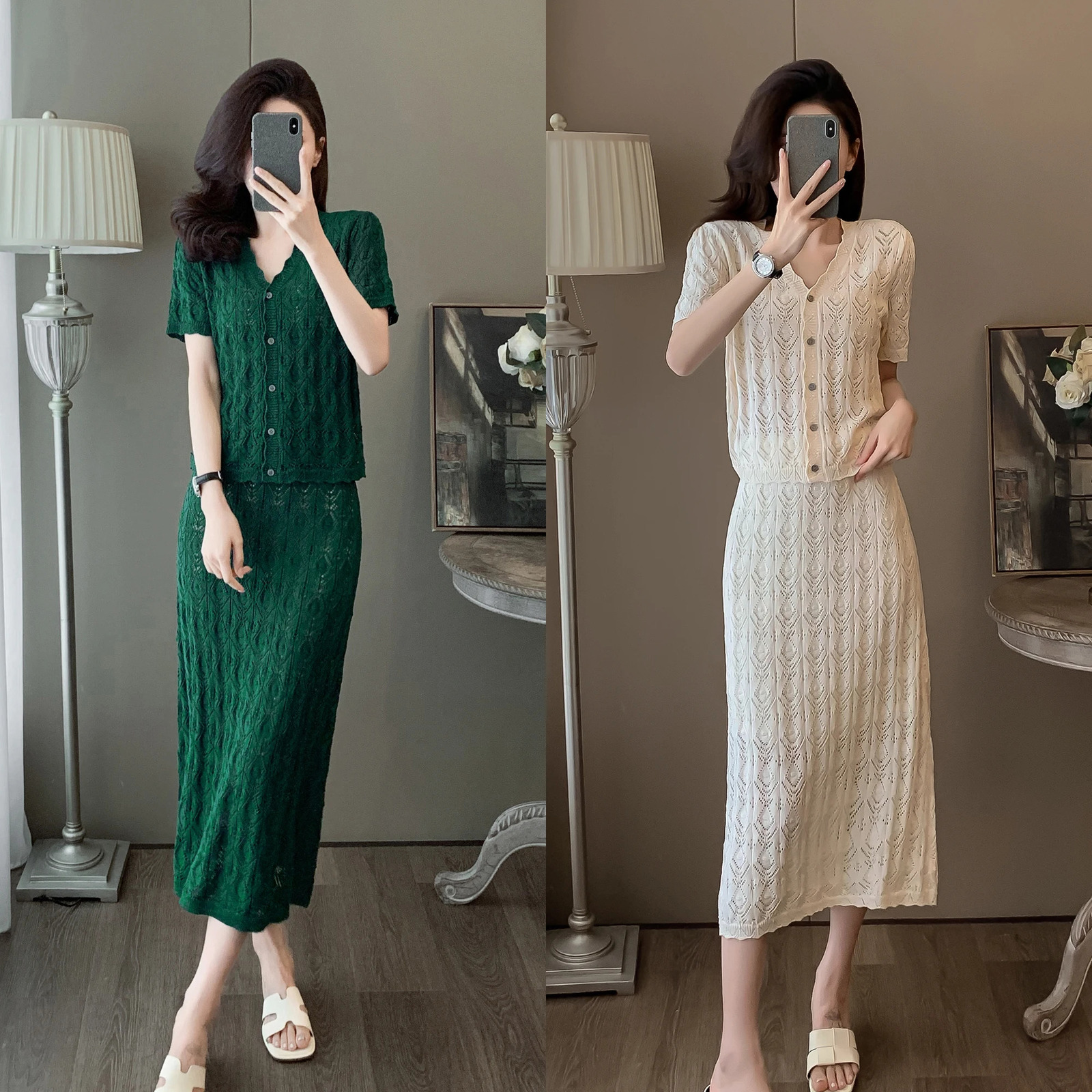 Elegant retro knitted long skirt womens hollow button top Maxi dress summer crochet womens 2-piece set 250401