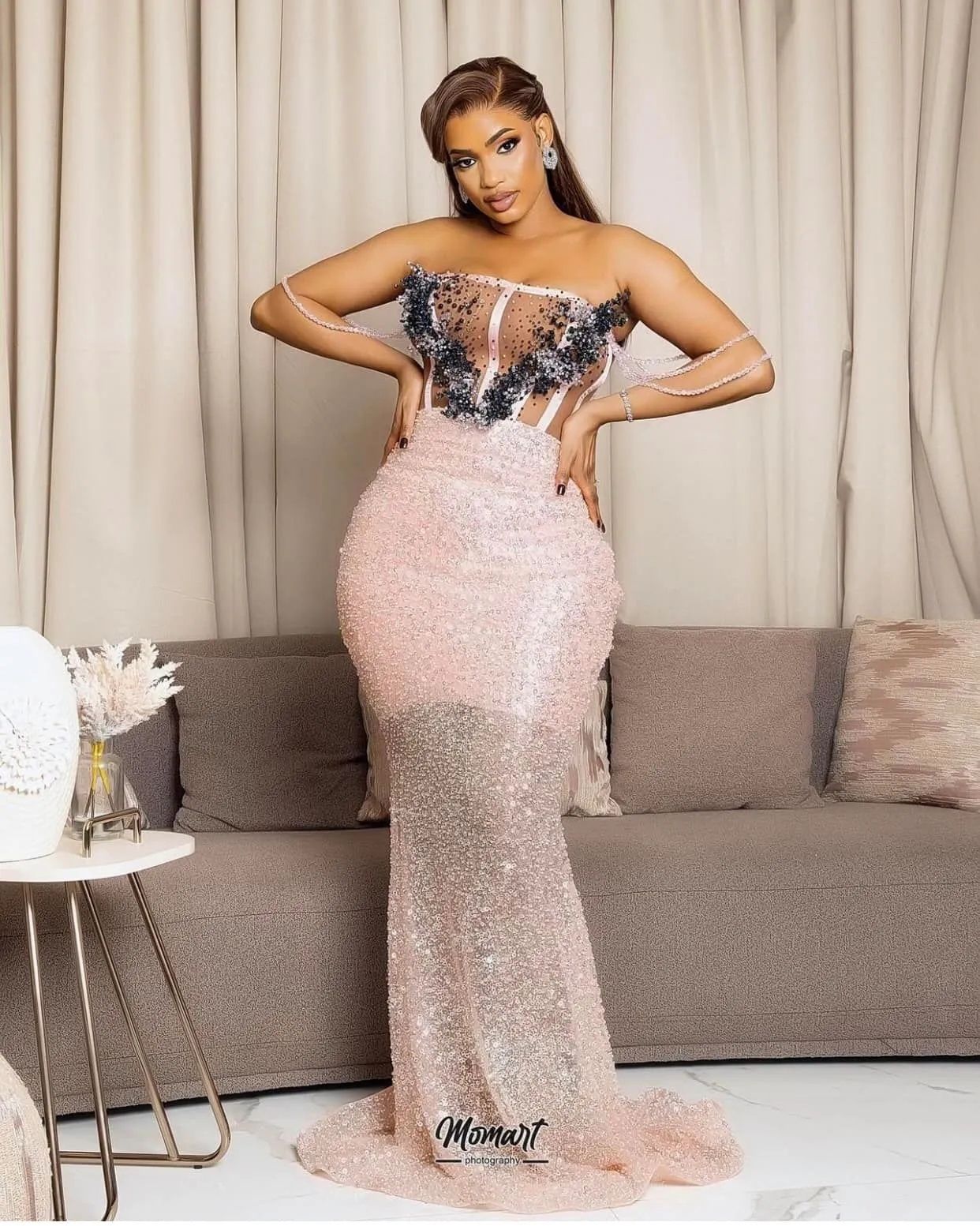 Aso Ebi Pearl Pink Mermaid Prom Dresses Sequined Dresses Beaded Strapless Evening Formal Party Birthday Second Engagement Gowns Robe De Soiree Plus si