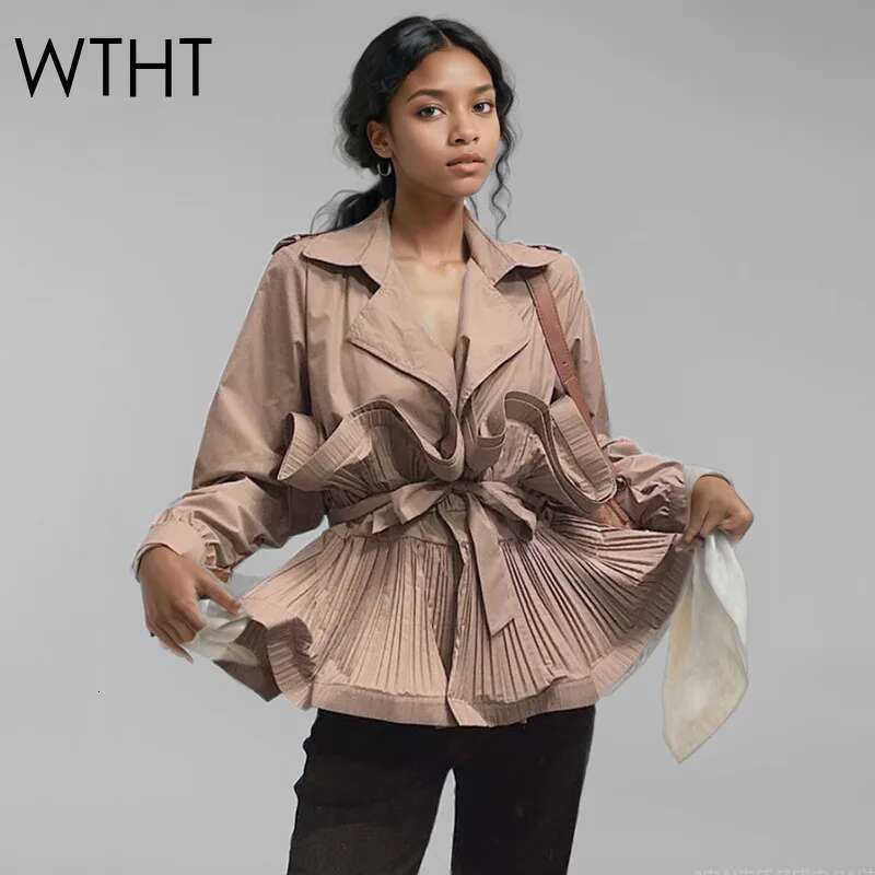 WTHT New Trendy Women's Patchwork Bandage Wrinkled Design Blazer 2025 Spring Fashion Lapel Long Sleeves Jacket Female 1Ls730