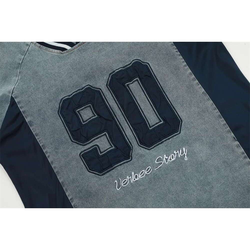 Letter Embroidery Patchwork Denim T-Shirt Mens Summer High Street Washed Distressed V-Neck Raglan Sleeve Tops Men