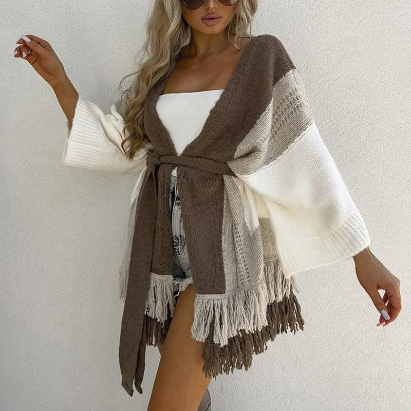 Women's color-block sweater, button-up long-sleeved top with tie-up design, featuring stylish frill elements, highly fashionable and versatile---