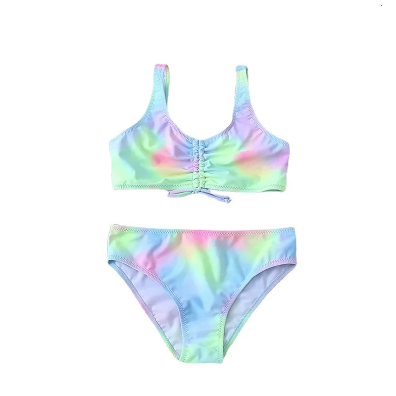 Tie dye girl swimsuit children 716 years old twopiece childrens ruffled front bikini set youth 250408