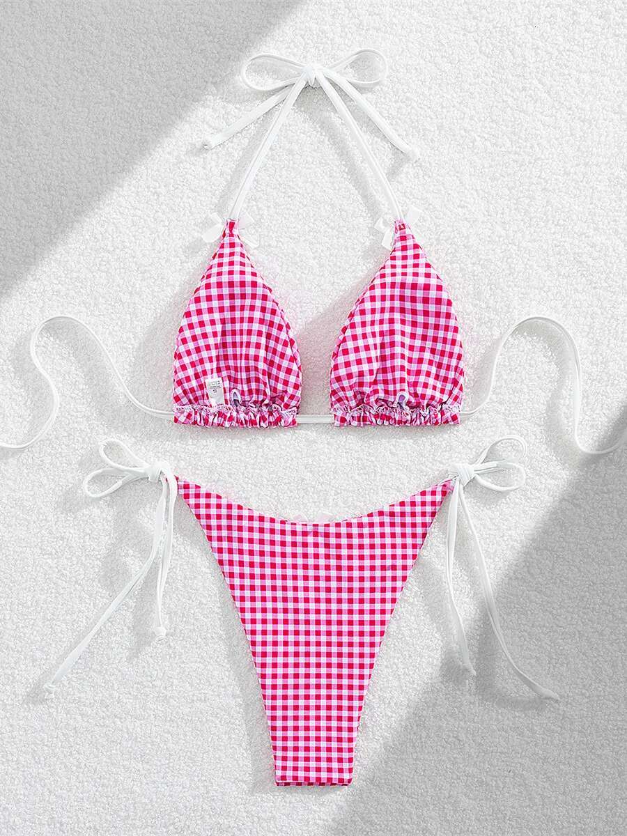 Dongdumaoyi Push Up Bikini Set Women Sexy Red Plaid Print Summer Micro Swimsuit Brazilian Cut Out Beach Bathing Suit Thong Swimwear