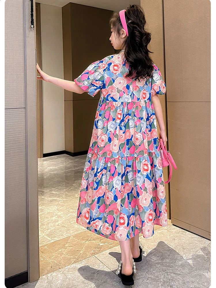 Summer Kids Floral Dresses for Girls Korean Loose Casual Dress Girl Clothing Cute Teenager Children Princess Dress 6 8 10 12 14Y 250408