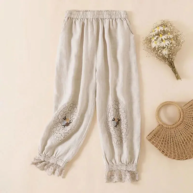 Bloomers Lace Linen Solid Casual Elastic High Waist Loose Wide Leg Womens Pants Ankle-Length Pants For Women Clothing 2025 250408