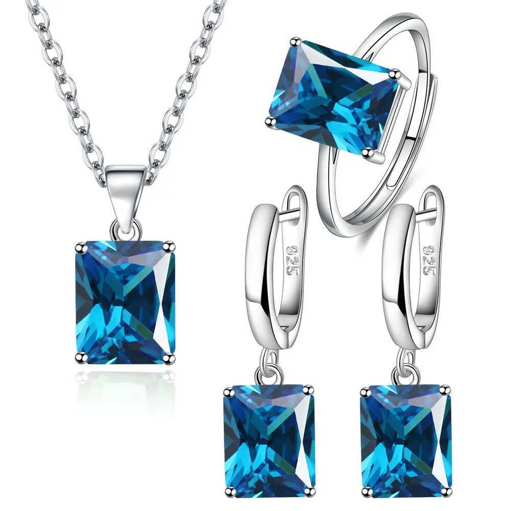 925 sterling silver elegant jewelry set ring earring necklace suitable for womens rectangular geometric zircon wedding accessories Y250408