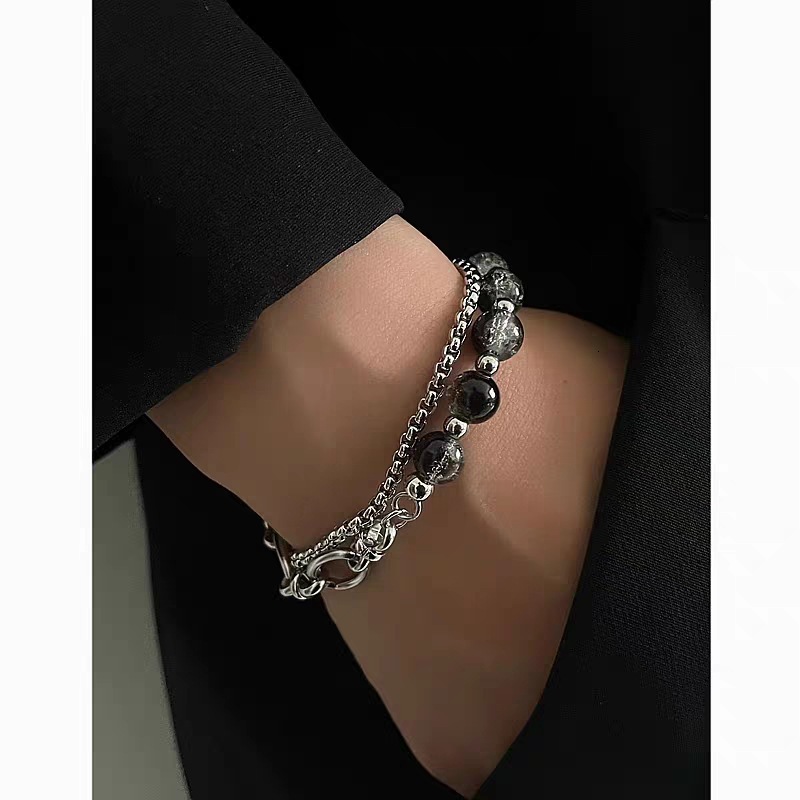 New personalized double-layer chain ice cracked bead stainless steel splicing bracelet for both men and women, niche first accessory