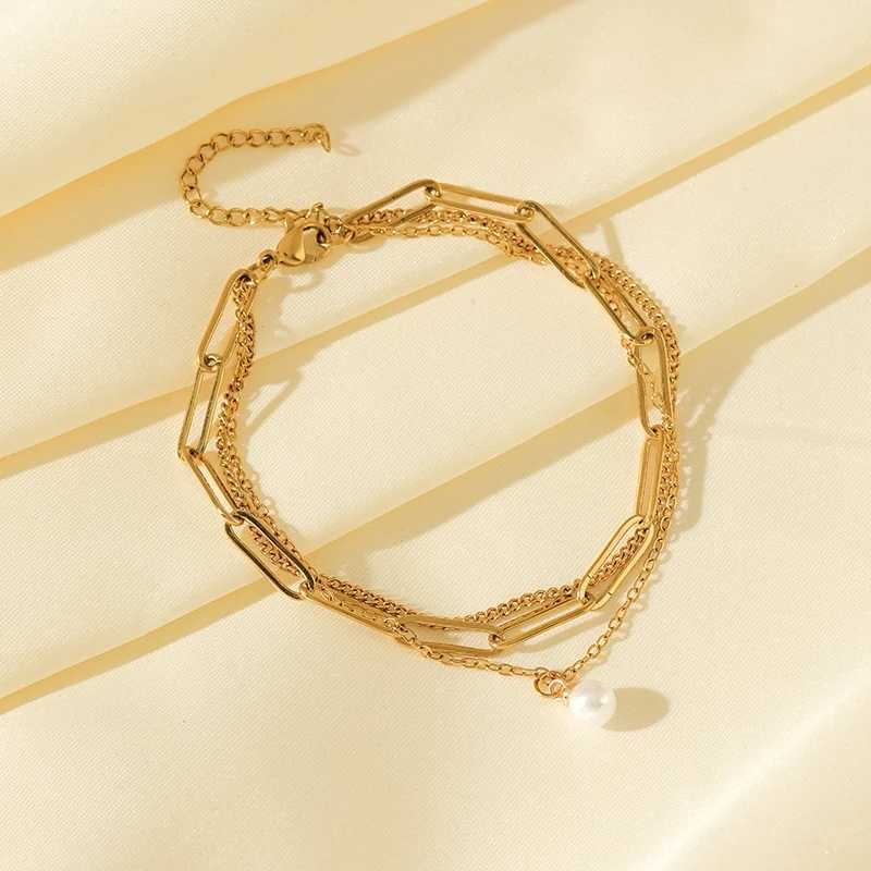 EILIECK 316L Stainless Steel Pearl Charm Necklace Bracelet Set Womens Fashion Gold Multi layer Chain Waterproof Jewelry Y250408