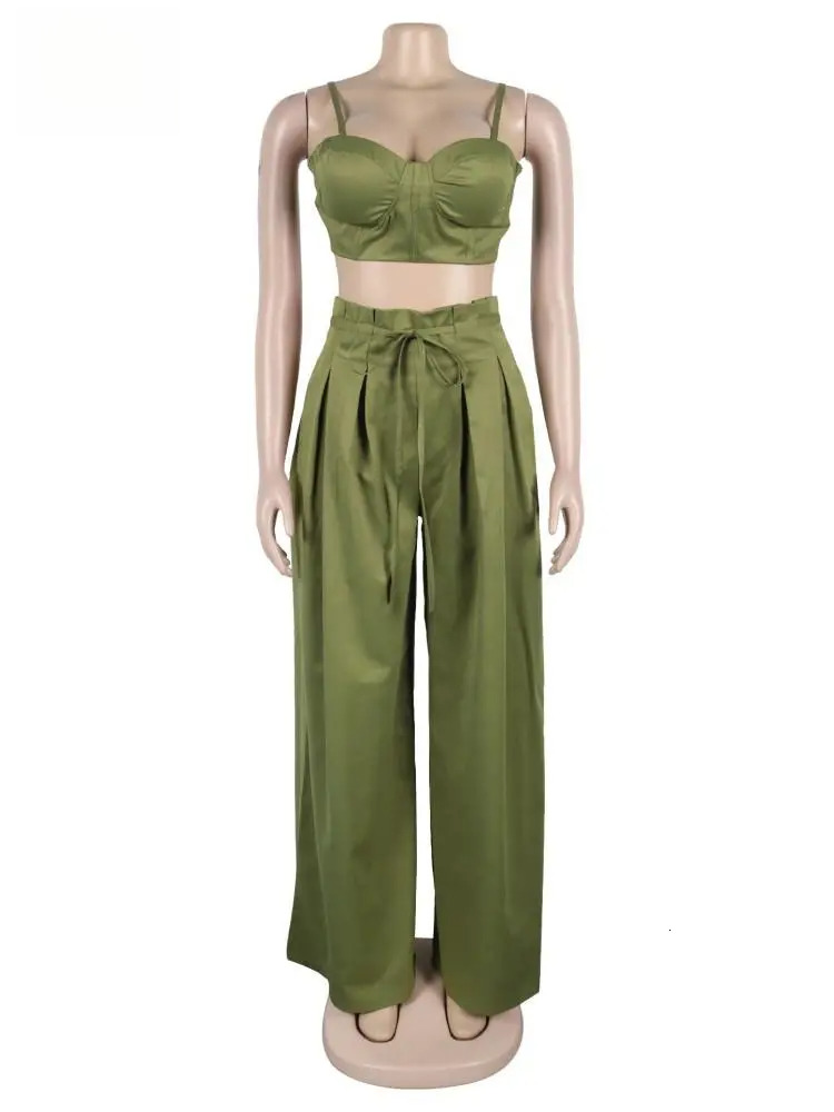 Sexy Zip Crop Camisole And High Waisted Drawstring Wide Leg Trousers 2 Piece Women Pants Suit Autumn Workout Streetwear
