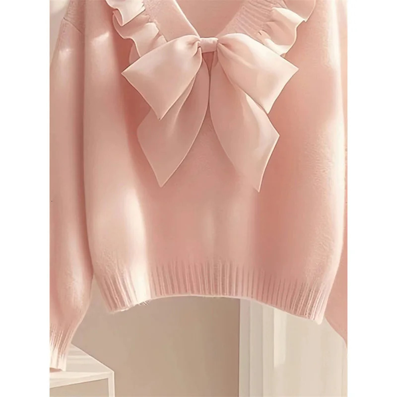 Pink Bow Knited Sweater Sweatshirt Unique Super Beautiful Long Sleeved Top 2025 Spring Autumn Women Knitwear Pullover Shirt 251104