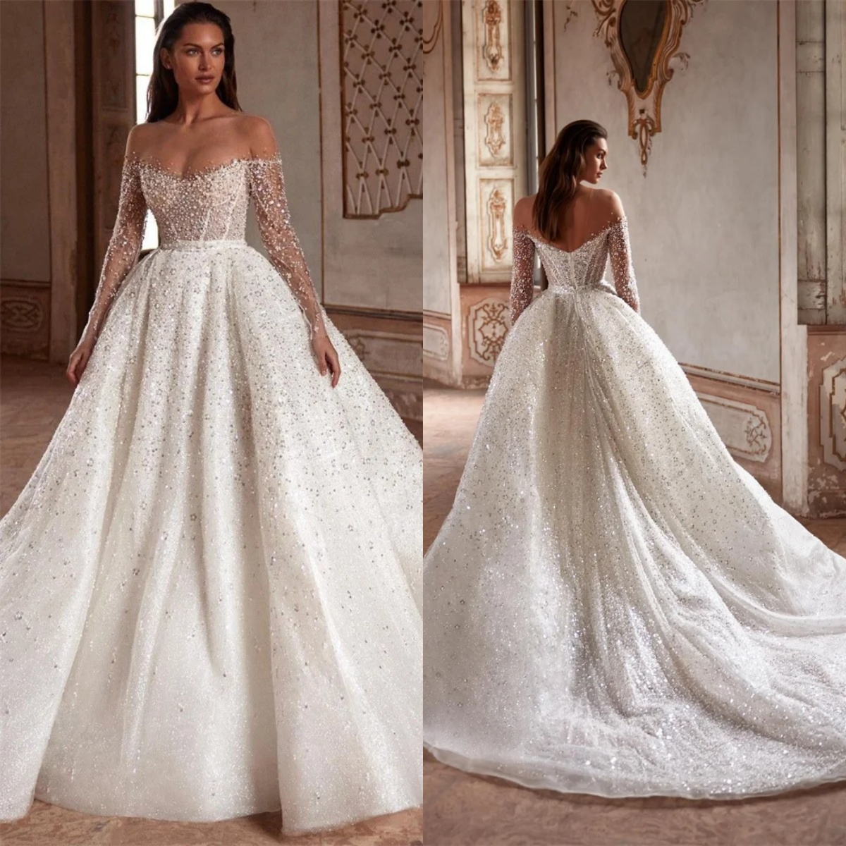 Gorgeous A Line Wedding Dresses Pearls Sequins Beaded Off Shoulder Bride Dress Long Sleeve Graceful Bridal Dress Customized